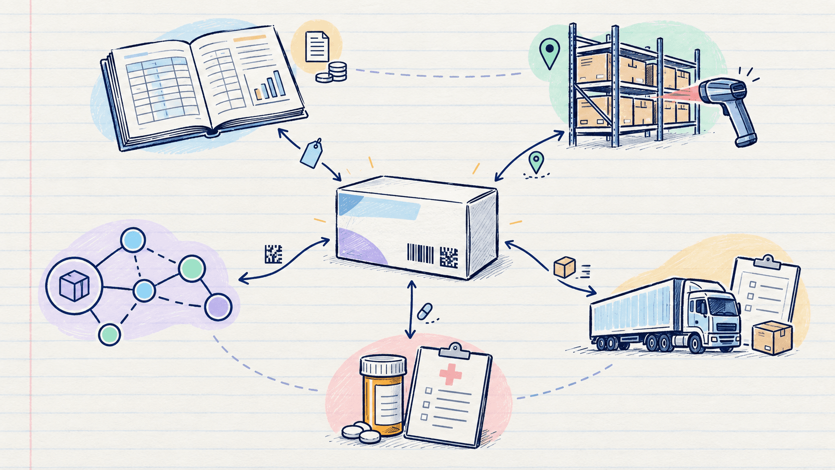 Hand-drawn systems map with one serialized medicine carton in the center and five surrounding operational systems connected to it